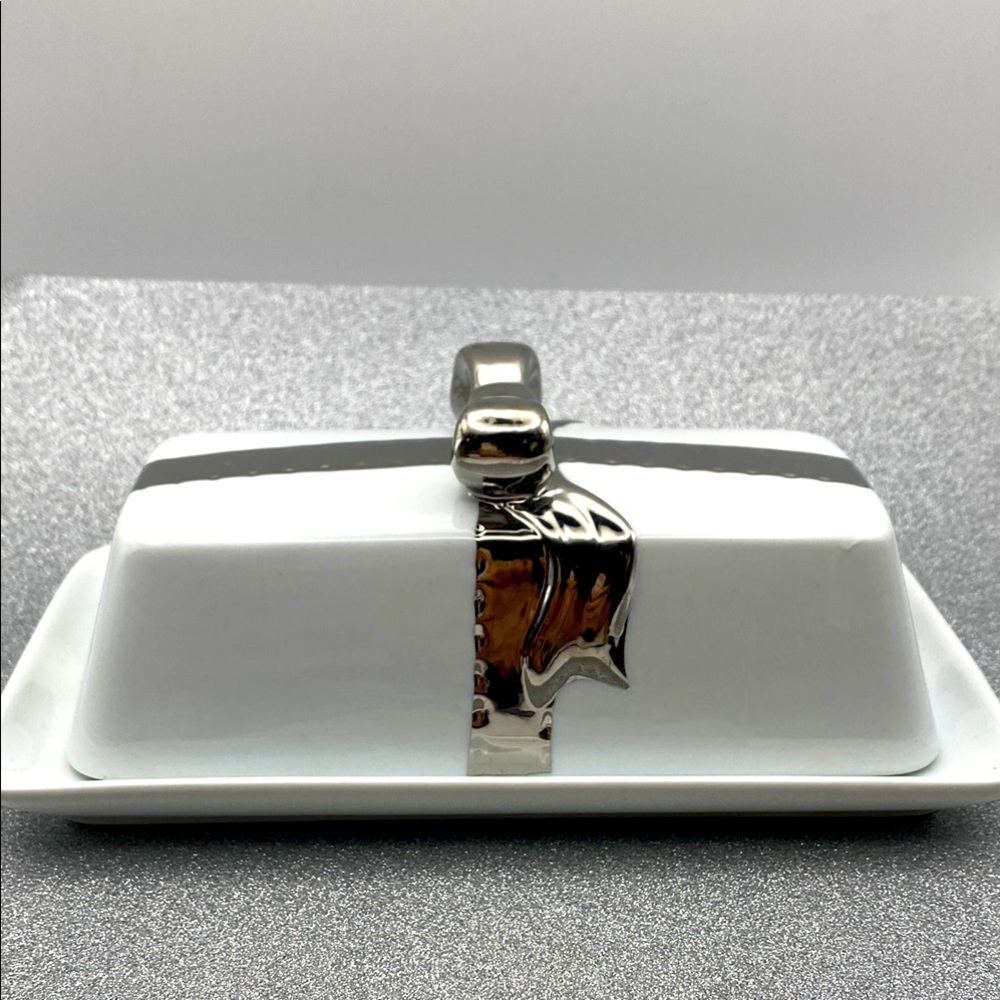 Vintage White Butter Dish With Silver Bow Handle By Beekman Home